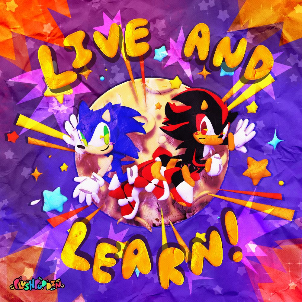 Sonic the hedgehog, a blue anthropomorphic hedgehog in red shoes and white gloves, and shadow the hedgehog, a black and red anthropomorphic hedgehog with red and white shoes and white gloves, jump across the front of the moon passing each-other and looking back at each-other with their hands up. It’s is on a purple space background with the text “ Live and Learn! “ I’m yellow surrounding them.