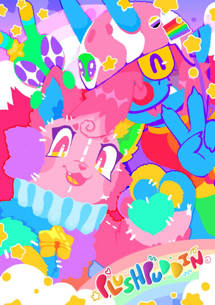 3 Characters posing, bottom front character is a rainbow plush cat with their paw up waving, behind is a blue demon with pink hair and a skating helmet, and behind both is a little green alien. All stand in front of a rainbow backdrop.