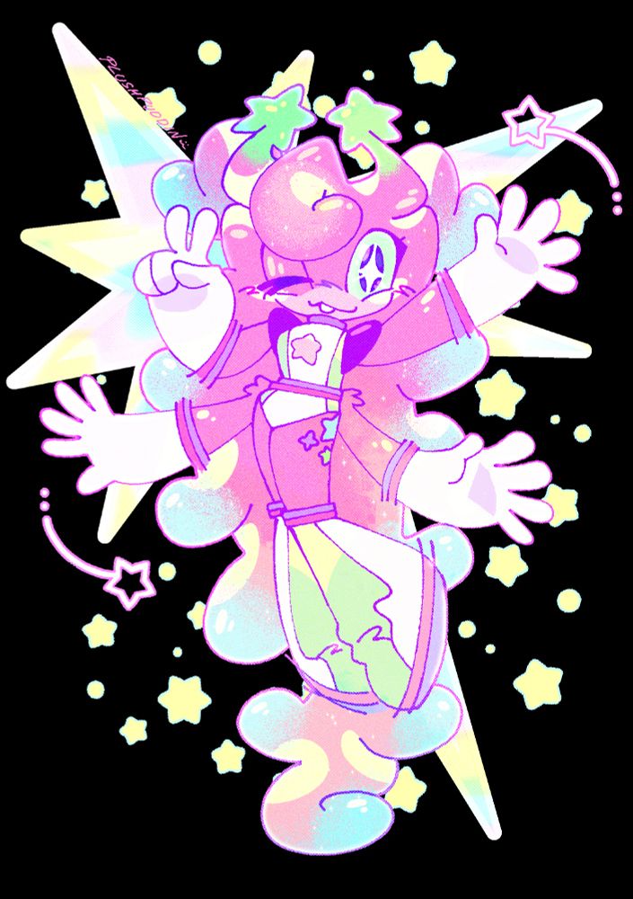 A pink alien with star antenae that fade from pink to green, with big puffy pink gummy hair that fades pink to blue. They have four arms and are wearing gloves on each hand. Winking and making a peace sign, wearing a bodice with big shoulder pads and a star cut out on the chest. they have boots on that are green pink and purple. They are jumping infront of a large star surounded by smaller stars around it.