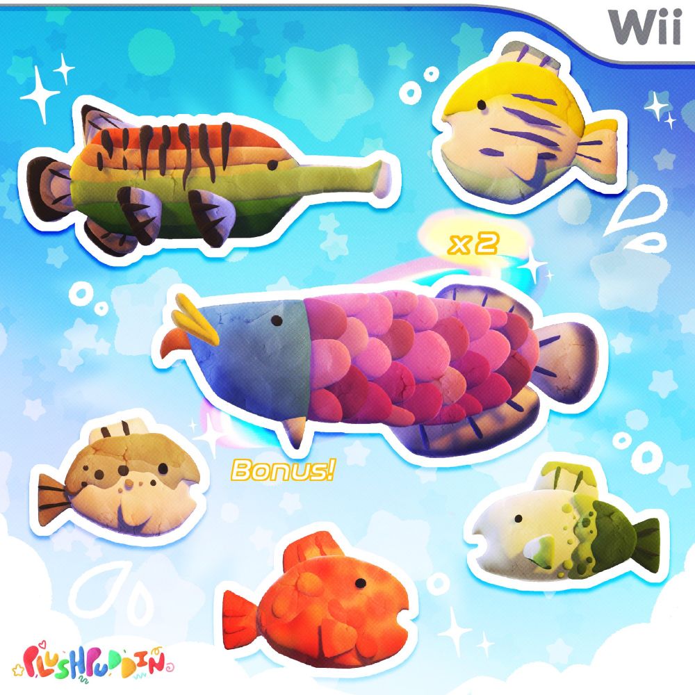 Fan art of 6 fish from the Wii game wii play, the mini game wii fish. Bottom three are an orange fish, a brown and white fish and a green and white fish. In the centre a large purple bodied and blue headed fish. The 2 fish at the top are a rainbow bodied fish with a long nose and a yellow white and blue small fish. All sit on a blue star and cloud covered background.