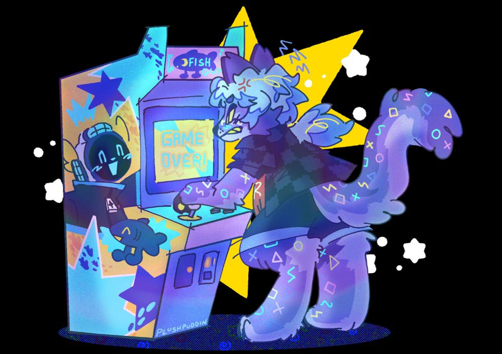 An anthro blue snow leopard with arcade carpet markings in the shape of x's, O's, Squares, triangles and zigzags in alternating colours. They are wearing shorts and a black and grey checkboard shirt. They have light blue hair in a pony tail and have a angry expression. They are playing a yellow, pink and blue arcade machine with a blue and yellow robot mascot on the side smiling and blushing with a little fish below it with legs. The arcade machine says "GAME OVER" in blue text on a yellow background. They are standing on an arcade carpet and are surrounded by stars.