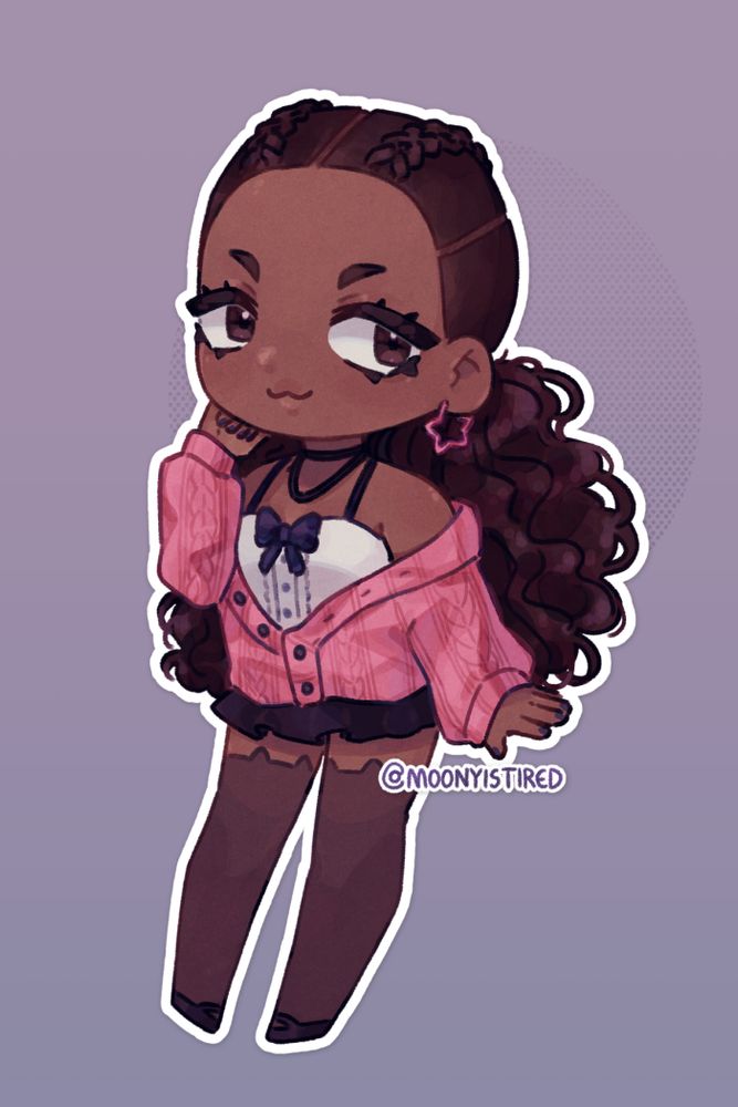 chibi illustration of my oc nina. she's a black girl with long curly hair put up in two braids that end in loose ponytails. she's wearing a white top with a blue bow in the front under a pink half-open cardigan, short black skirt, and semi-transparent thigh-highs with cat ears. she has pink star-shaped earrings and a black necklace. she has a mischievous expression.