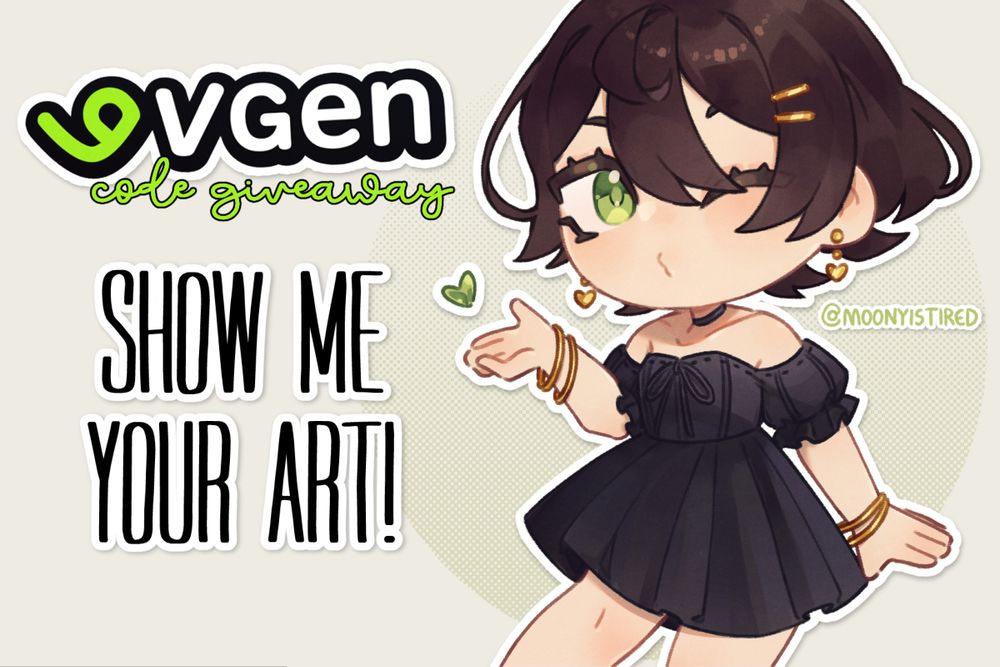 text on the left: VGen code giveaway. Show me your art!
image on the right: cropped chibi illustration of my character Peach blowing a kiss with a green heart.