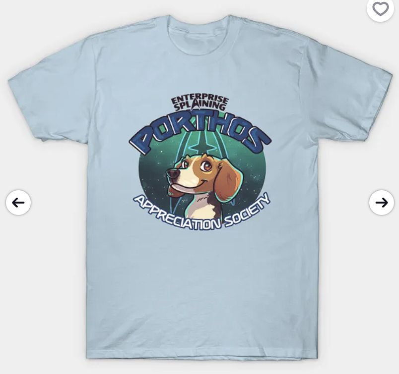 screenshot of a light blue shirt with a design of a beagle that says Porthos Appreciation Society.