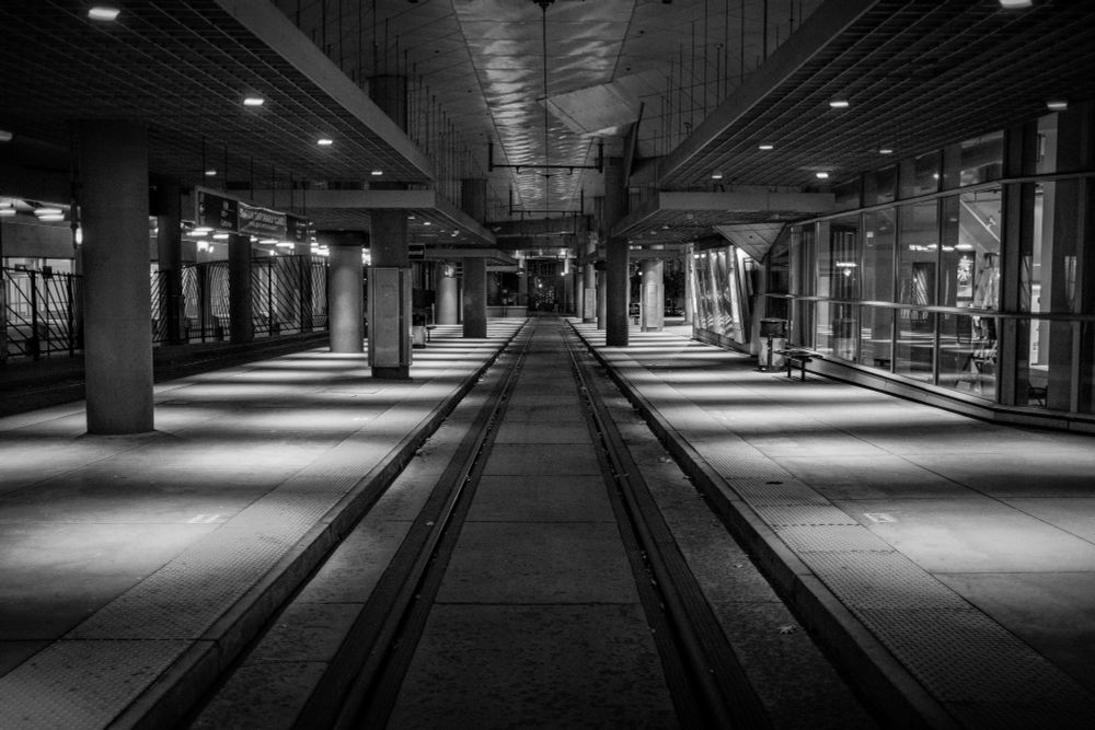A black-and-white image of a deserted underground train platform seen from track level. The rails run straight through the center of the frame, vanishing toward a dimly lit distance. Overhead lights cast precise pools of illumination across the platforms, their pattern broken by columns and ceiling grates that form a grid of order and repetition. Reflections shimmer faintly in the glass walls to the right; on the left, shadows consume the far railings. The air feels heavy with silence—no passengers, no trains, only the architecture waiting under its own hum.

The image evokes a sense of suspension, as if time itself has paused between departures. Every line and reflection points toward movement that no longer comes, leaving the viewer in the charged quiet of a place meant to go somewhere—but doesn’t. 