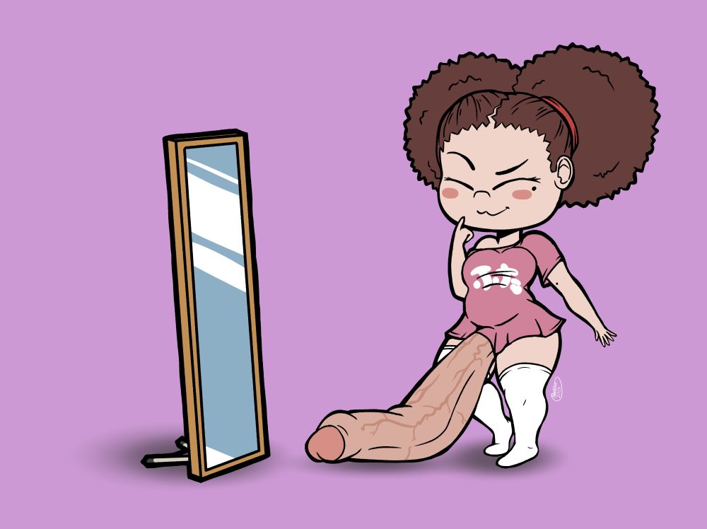 A chibi version of my OC Connie in her PJs standing in front of a mirror with cock out and on the ground.