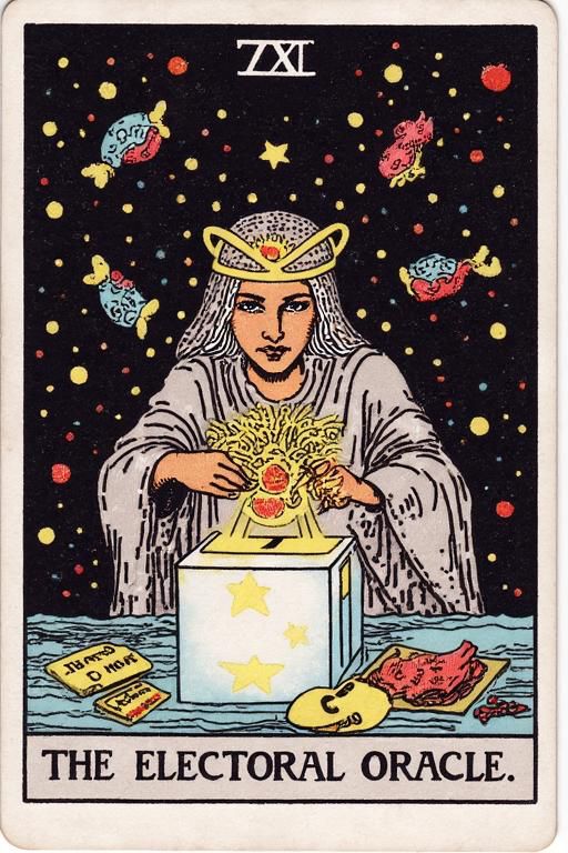 <Tarot card depicting a mystical woman telling the future. Text reads “THE ELECTORAL ORACLE”/>