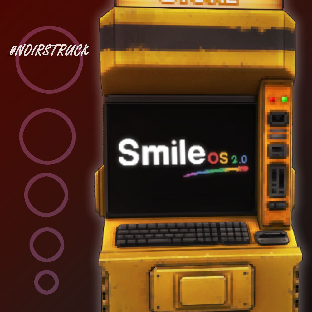 a color corrected image of a shop terminal from ultrakill, to fit with a gradiant background of greyish red to reddish grey, there are semitransparent pink rings to one side, one of which having the text #NOIRSTRUCK over it. the terminal has the text "SmileOS2.0" on its screen, and a rainbow streak under it.