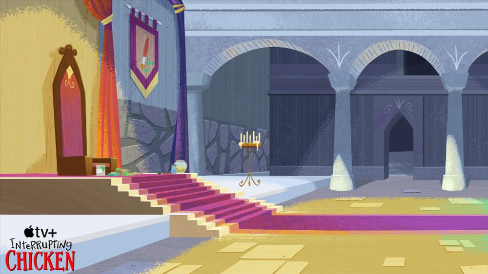 A castle interior, a throne at the top of a small flight of stairs, with craft materials before it. A red carpet underneath all and leading into the rest of the room. Colourful draperies and a tapestry with a paint brush flank the throne