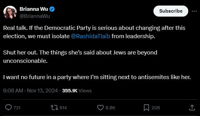Delusional Brianna Wu not understanding politics or how antisemitism or works, saying hateful things about Rashida Tlaib 