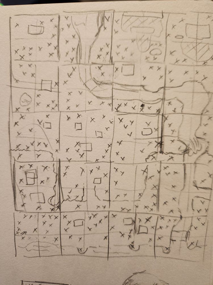 Photo of a rough map drawn with lead pencil. Xs mark a 4x5 grid. There are rivers and boxes marking the location of homes.