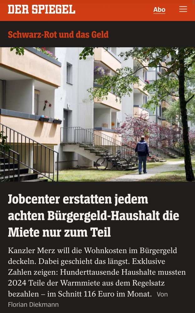 SPON Screenshot: Jobcenter erstatten jedem achten Bürgergeld Haushalt die Miete nur zum Teil 