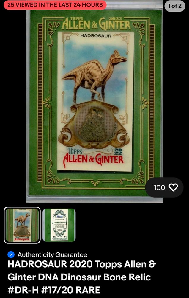 eBay listing of Topps Allen & Ginter Hadrosaur Bone Relic card 