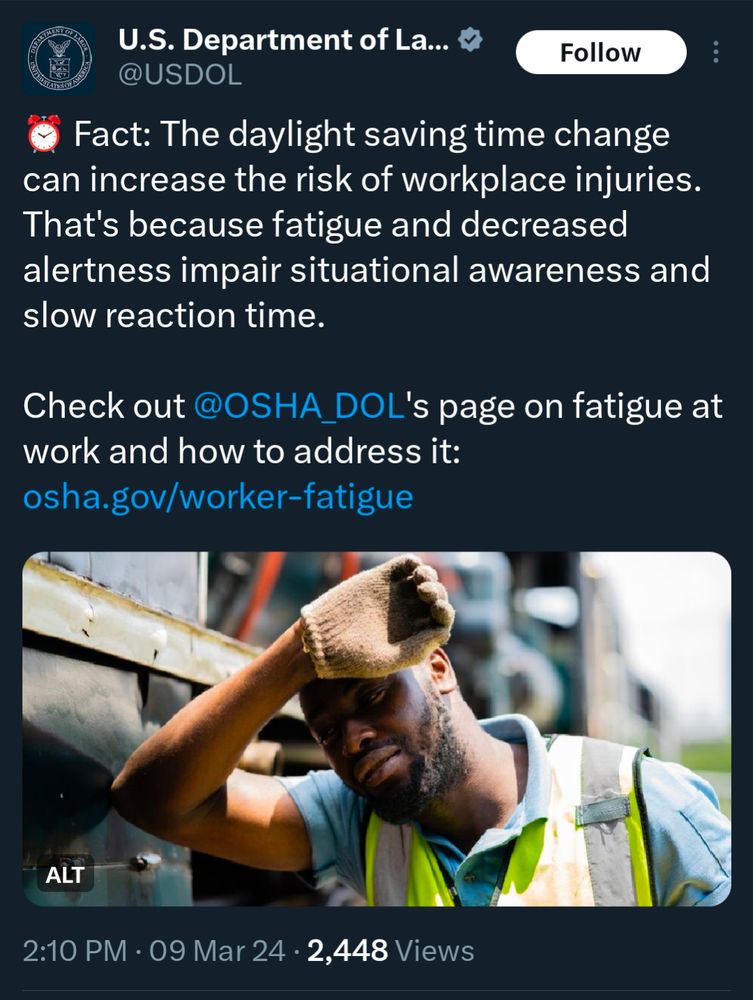 Tweet from department of labor describing that day can increase workplace injuries 