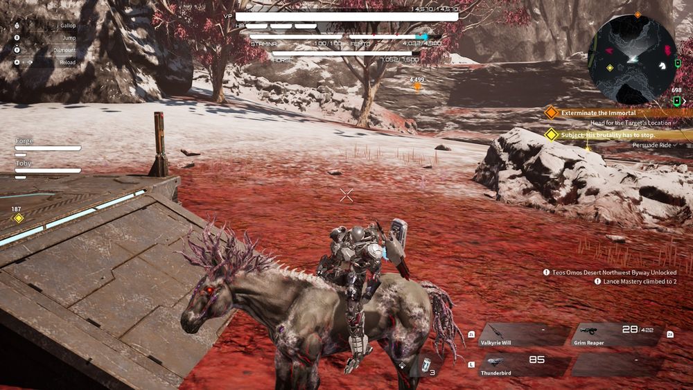 Riding a horrifying future-horse in game, whilst I am in a mech that clearly weighs a lot and is definitely faster and has multiple ways to traverse the world