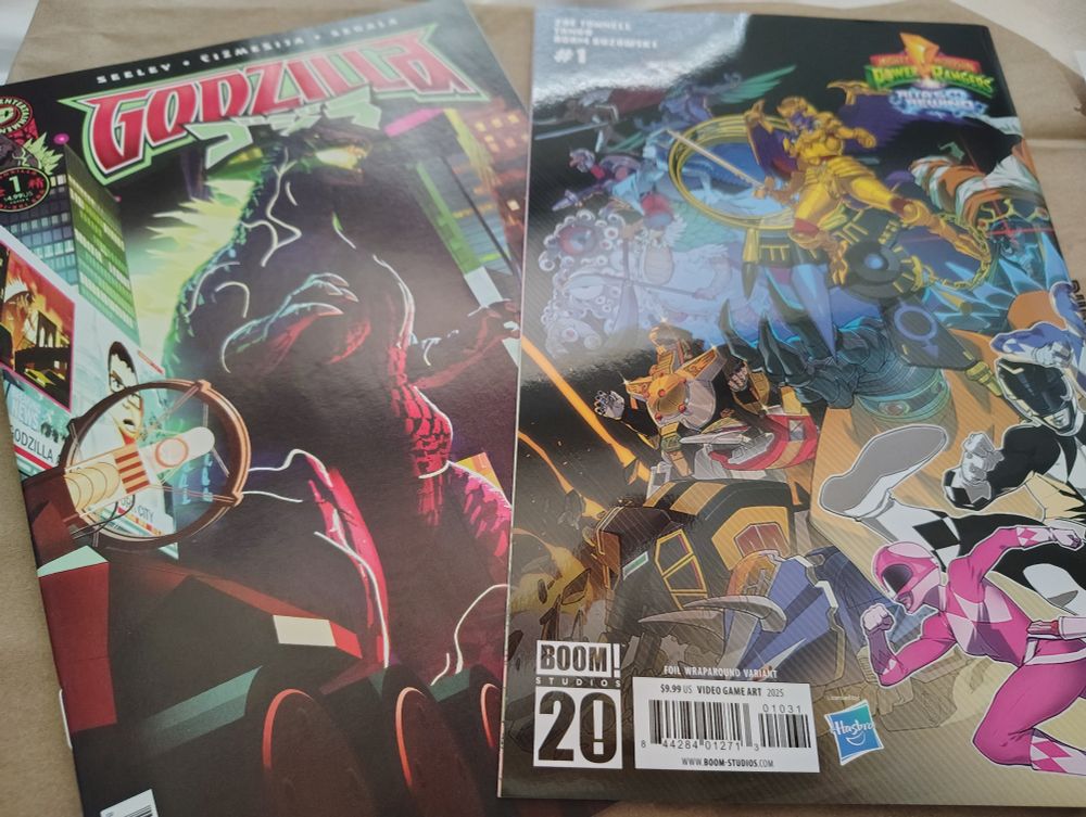 Godzilla #1 and Mighty Morphin Power Rangers Rita's Rewind #1 comic books, very cool art and franchises I am really into