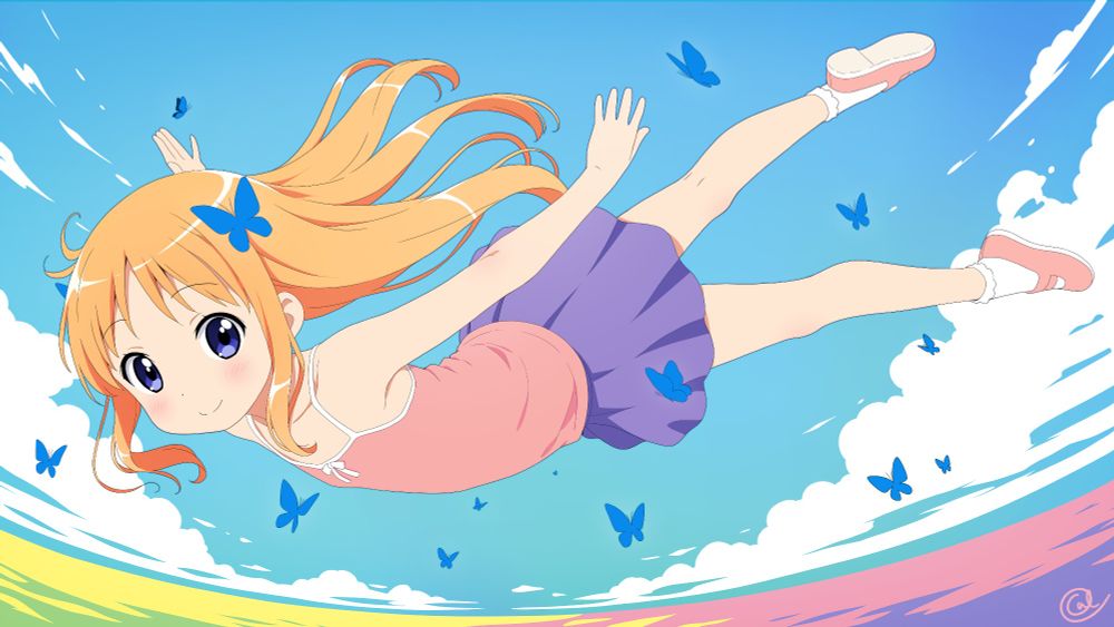 A vibrant illustration of a young girl with long orange hair and blue eyes, wearing a sleeveless pink top, purple skirt, and pink shoes. She is floating mid-air in a clear blue sky with fluffy clouds, surrounded by blue butterflies.