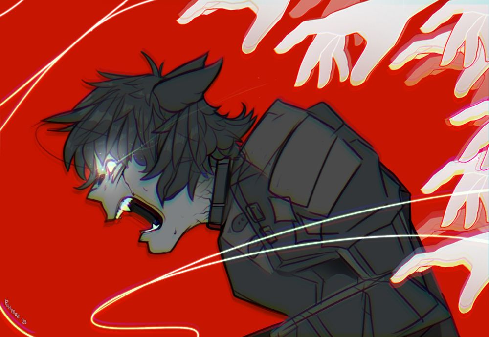 The warrior of light (a cat boy) shrieks to the void over a bright red background. Multiple hands reach for his armor, his shoulders, and his arms- demanding his attention.