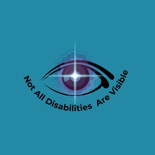 Eye with a star in the center on a turquoise background.. test reads "Not all disabilities are visible" 