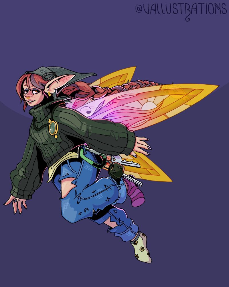 Fairy girl with a long braid and sunset yellow wings. She has a carabiner of keys on her hip that are very oversized. She has ripped jeans and mismatched socks