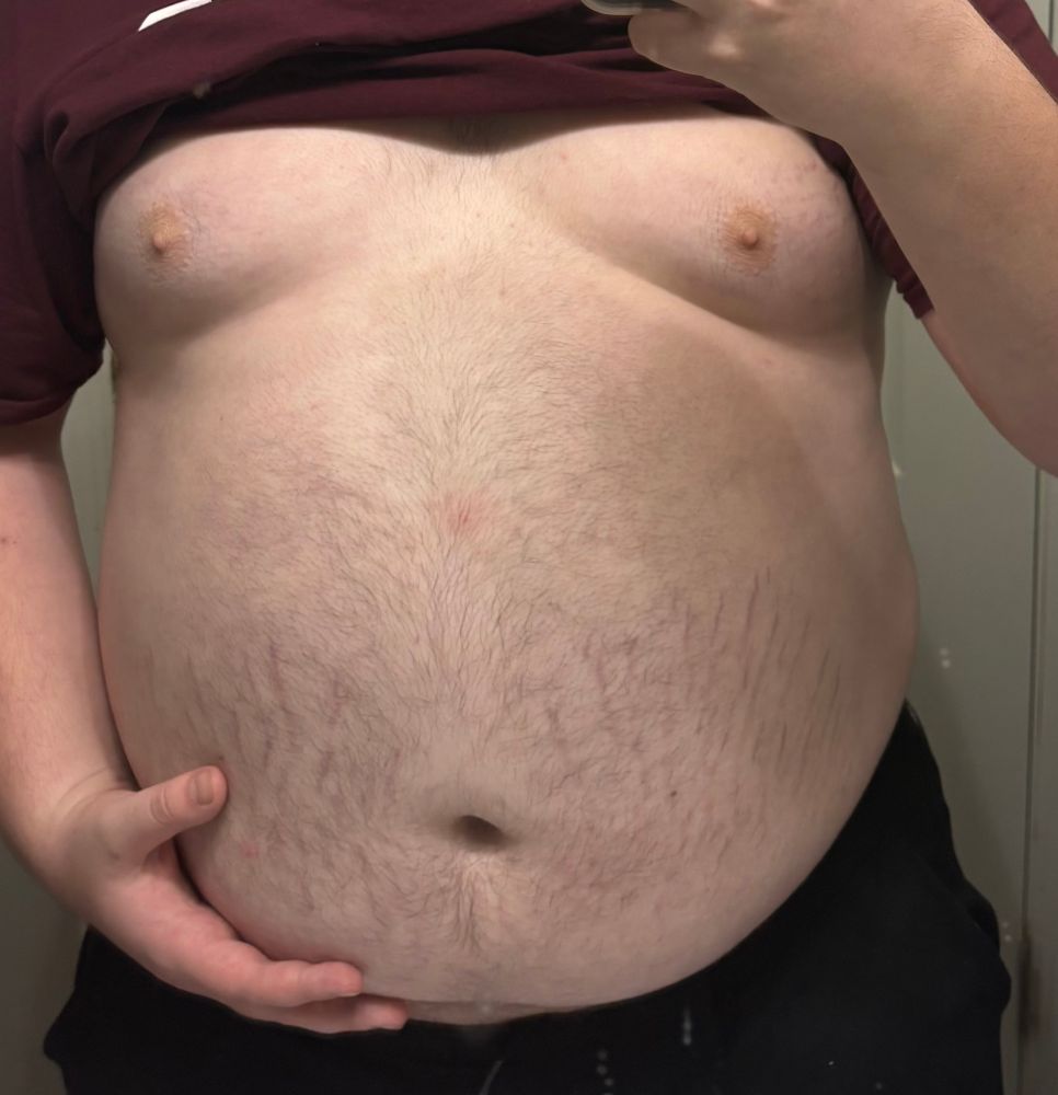 Before eating a large holiday meal, Baxter poses for the mirror with his shirt halfway up his chest