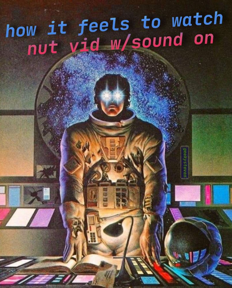 Cover art by Michael Whelan for the book Time and Again depicting an astronaut with a tattered space suit, not wearing a helmet, and with glowing eyes. Text reads "how it feels to watch nut vid with sound on”
