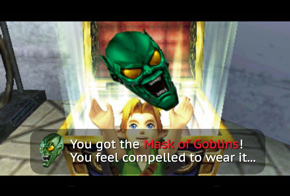 Link from Legend of Zelda: Majora's Mask opening a treasure chest and receiving the Green Goblin mask. Game message reads "You got the Mask of Goblins! You feel compelled to wear it…”
