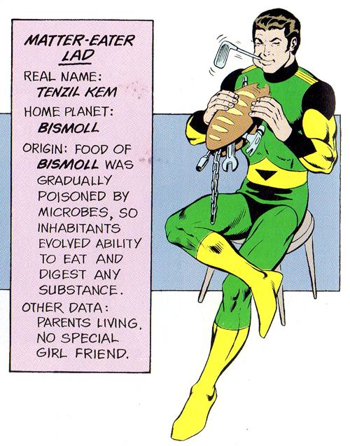 picture of DC superhero Matter-Eater lad eating disgusting inedible-to-humans stuff. And loving it.