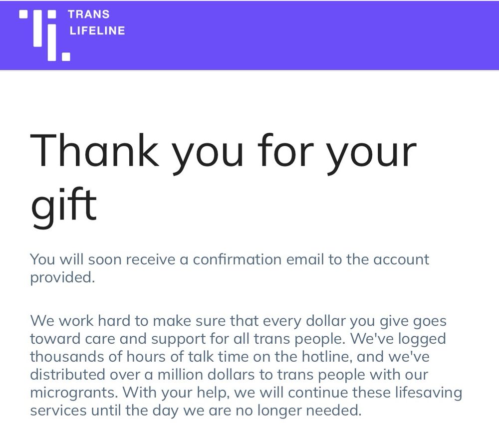 receipt for donation to Trans Lifeline