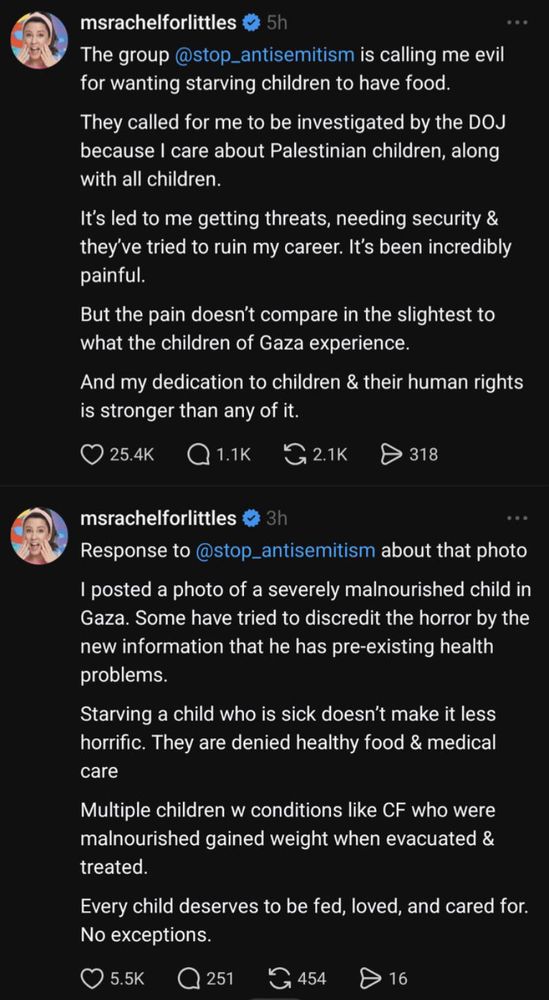 Tweets by Ms Rachel advocating for Gaza children