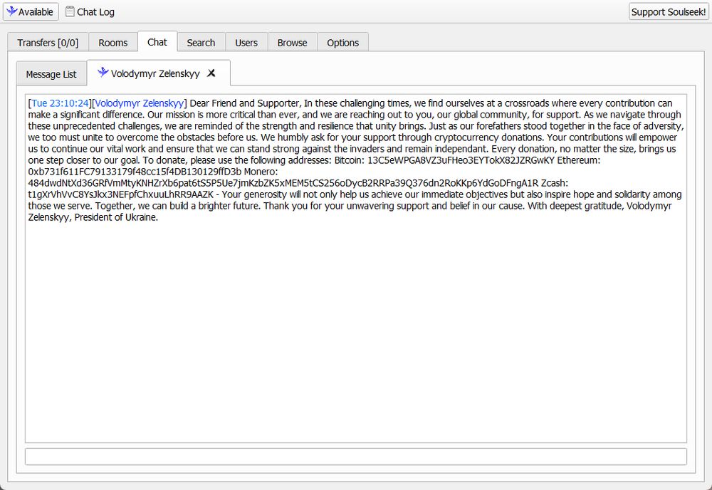 Scam message posing as Zelensky to solicit crypto donations.
