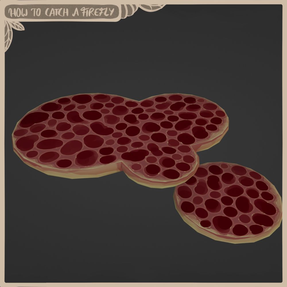one flat round mushroom that grows on trees and another one that's made up of three spheres but fused. The underside is light green while the top is bright red with darker red holes throughout. Looks slightly like a pomegranate