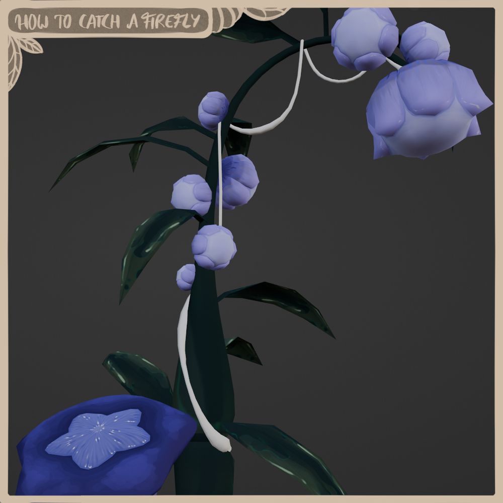 a giant blue flower with a dark green stem. The flower head is sphere shaped with small petals only slightly protruding. A big flower head is at the top and tiny ones are sprouting along the stem. The flower has long sparsely places leafs. In front of the flower is a small star shaped mushroom and there's a white vine coming from the bottom of the plant, making it's way all around the plant until it stops right at the big top flower head.
