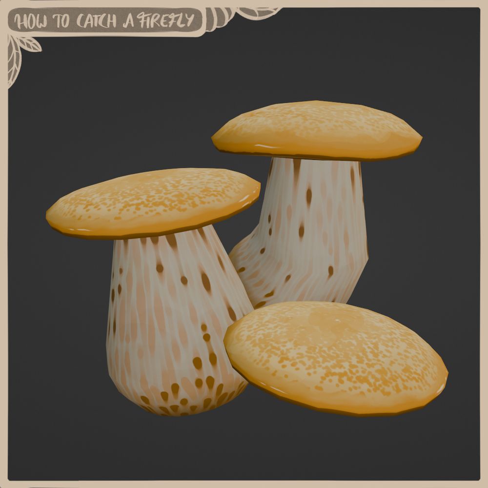 Relatively classic mushroom with a flat round head that's light yellow with darker yellow specks placed throughout. The bottom is a bit pear shaped, also light yellow but with darker brown grooves. There are three of these mushrooms: Just the top part, a smaller but straight mushroom and one that's biggest and slightly bent so you can place it at the side of a tree.