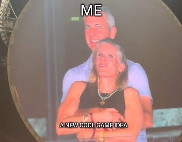 Image of cheating couple embracing at a Coldplay concert with the man labelled "me" and the woman labelled "a new cool game idea"