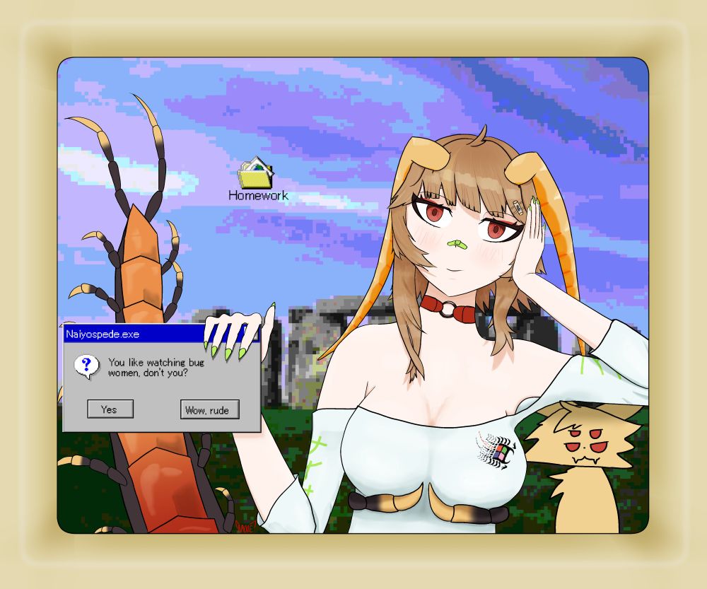 Vtuber Naiyospede smugly gazing at you from your computer screen. Her hand is resting on a message box that says "You like watching bug women, don't you?" and options "Yes" and "Wow, rude". There is also a "Homework" folder on the desktop.