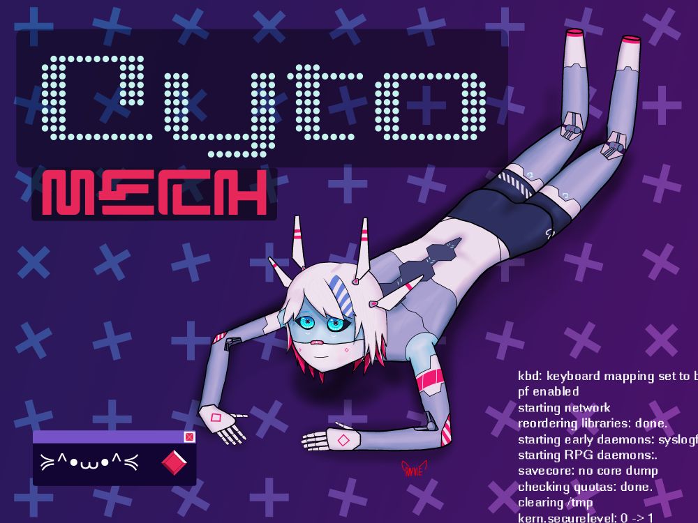 An illustration of CytoMech lying on his belly facing the viewer, legs in the air.