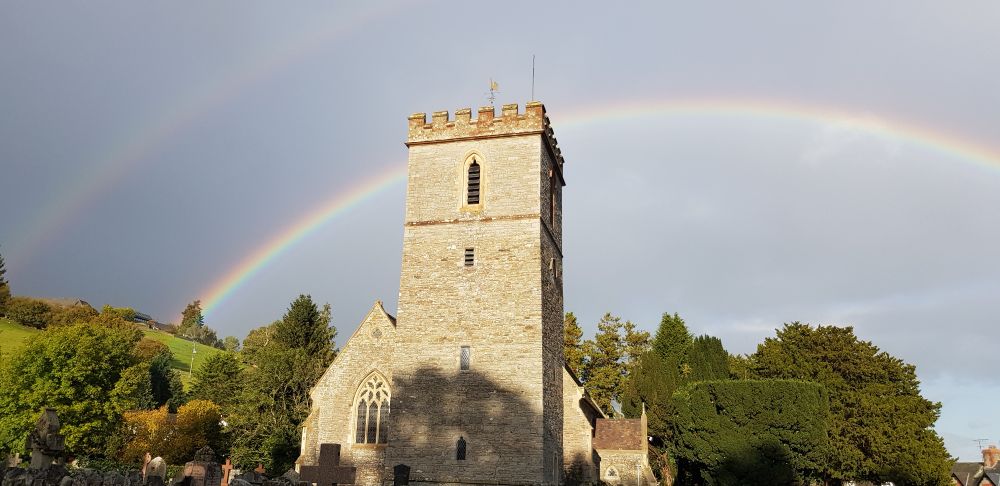 Clyro church, rainbow behind, October '20