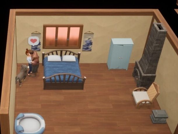 A screenshot from Coral Island of my farmer kissing her husband Mark beside their bed with one of their dogs standing as close as possible and staring at them. Honestly surprised the other dog isn't right there too.