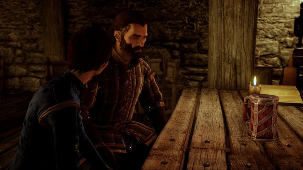 My Inquisitor and Blackwall sitting at the bar in the tavern together 