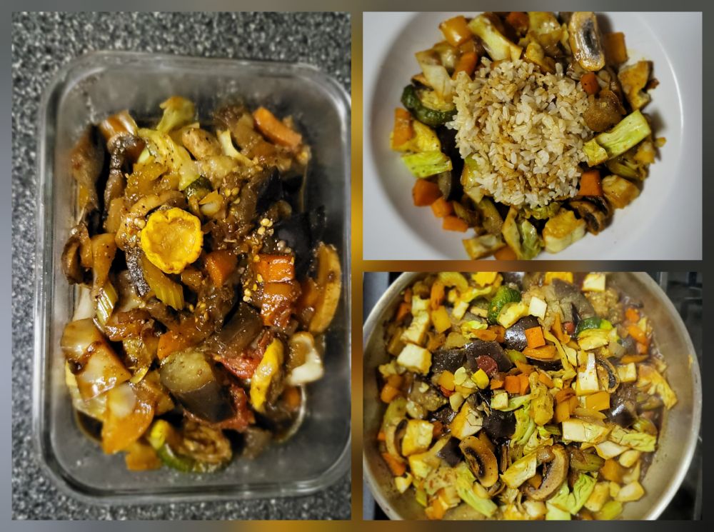 roasted yellow squash, zucchini, eggplant, carrots, celery,  onions, cabbage, and mushrooms stir fry with brown rice