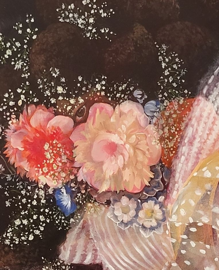 Closeups of the eye of resting figure polling through flower blooms.