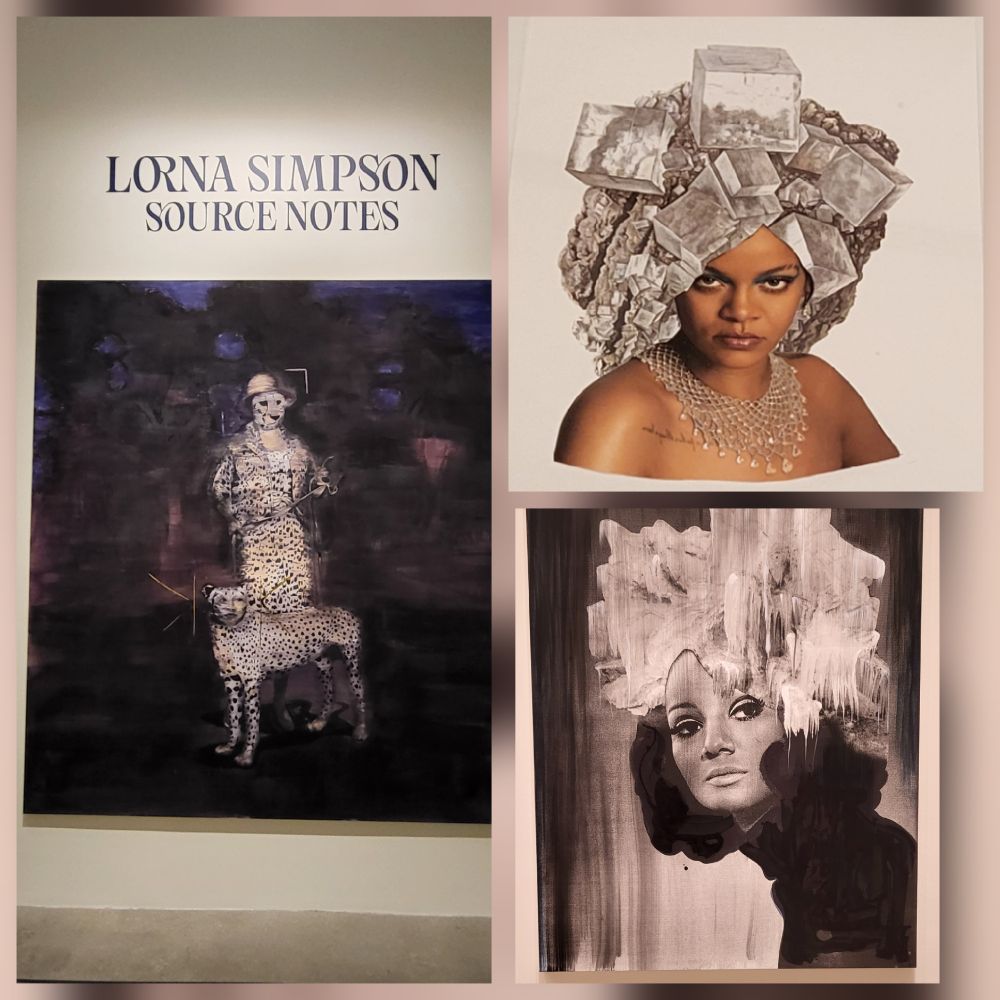 collage of photos from exhibit:
1)painting of a woman earing leopard outfit holding leopard on a leash, their faces are switched. 
2) collage of Rihanna with ice cube structures on her head
3) Ebony or Jet magazine model with ice cube structures on her head