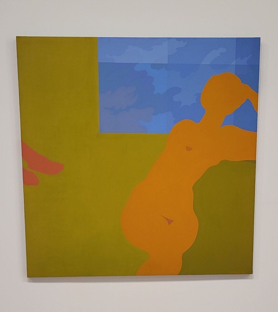 From #SixtiesSurreal, April Contemplating May by Kay Walking Stick portrays the artist in repose, fully nude, while a second figure, suggested only by the outstretched feet shares this space of tranquility and sexual liberation. What appears to be a window is rather a reproduction of one of the artist's landscape palintings: a stylized depiction of clouds made in response to reports of air pollution. The neon, acid hues in the work not only convey sensual euphoria but also hint at environmental catastrophe.
#ArtSky 