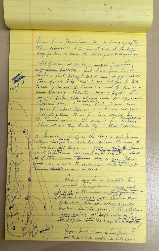 A draft page of “Paradise” by Toni Morrison written on a yellow legal notepad with scribbles on the side

Photo courtesy of Special Collections, Princeton University Library