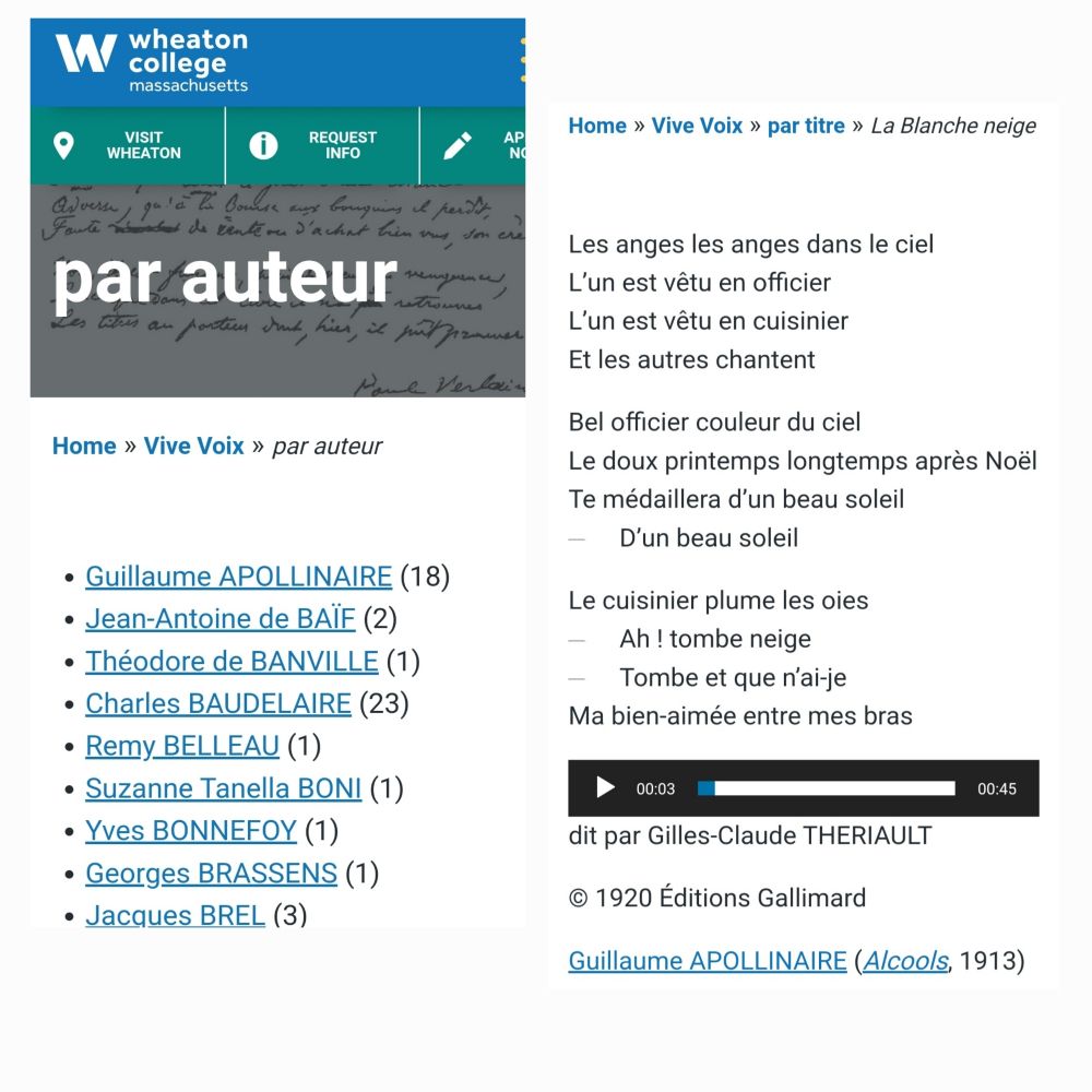Wheaton College's Vive Voix site with initial list of poets, and example of a poem by Appolinaire with audio