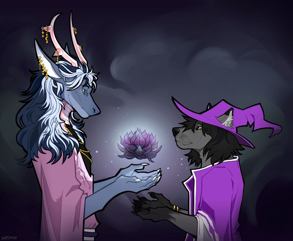 Ziri Kunala, an anthro Eastern Dragon priest, a follower of the Moon Goddess Selene, handing over a glowing white, purple and black flower called the "Moonkissed Dew" to a anthro wolf named Kieran Pierce. Ziri is calm and neutral, while Kieran is relaxed yet slightly curious. In the background is a light fog, a hazy dream-like area.