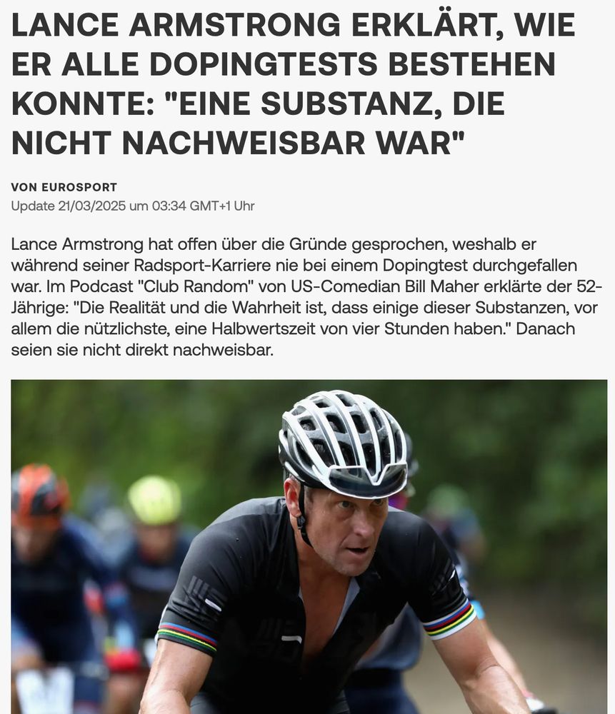 Eurosport-Titel: „Lance Armstrong erklärt, wie er alle Dopingtests bestehen konnte: "Eine Substanz, die nicht nachweisbar war"