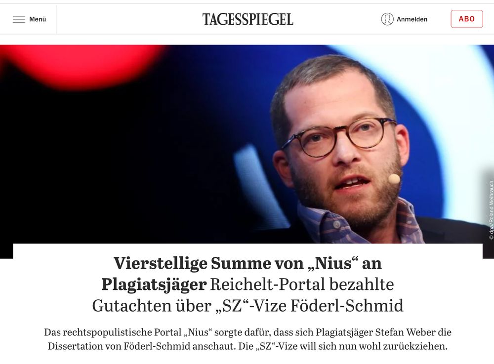 Tagesspiegel-Titel: „Vierstellige Summe von „Nius“ an Plagiatsjäger Reichelt-Portal bezahlte Gutachten über SZ-Vize