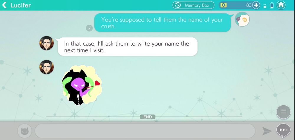 "você deveria dize-los o nome de seu crush."

"Neste caso, eu irei dize-los para escrever seu nome na próxima vez que eu visite."